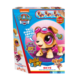 De voorkant van de doos van de speelgoedrobot Build a Bot Paw Patrol Skye