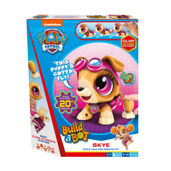 De voorkant van de doos van de speelgoedrobot Build a Bot Paw Patrol Skye