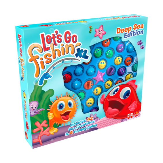 De doos van het kinderspel Let's Go Fishing vanuit een linkerhoek