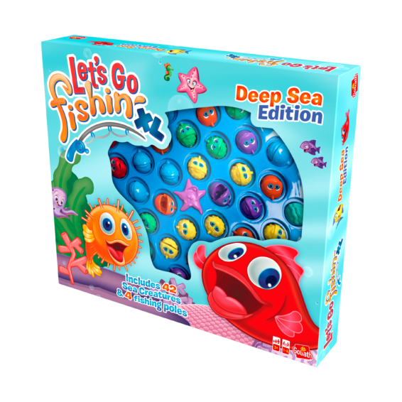 De doos van het kinderspel Let's Go Fishing vanuit een rechterhoek