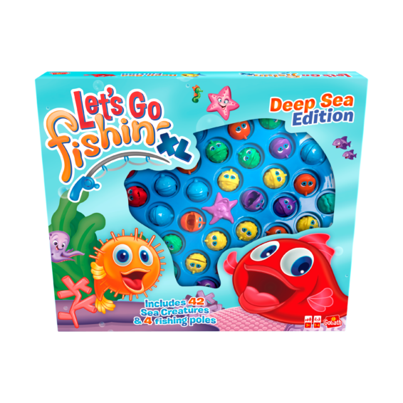 De voorkant van de doos van het kinderspel Let's Go Fishing XL