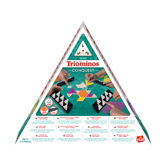De achterkant van de doos van het strategiespel Triominos Conquest