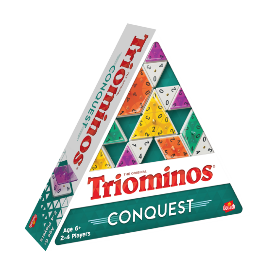 De doos van het strategiespel Triominos Conquest vanuit een linkerhoek