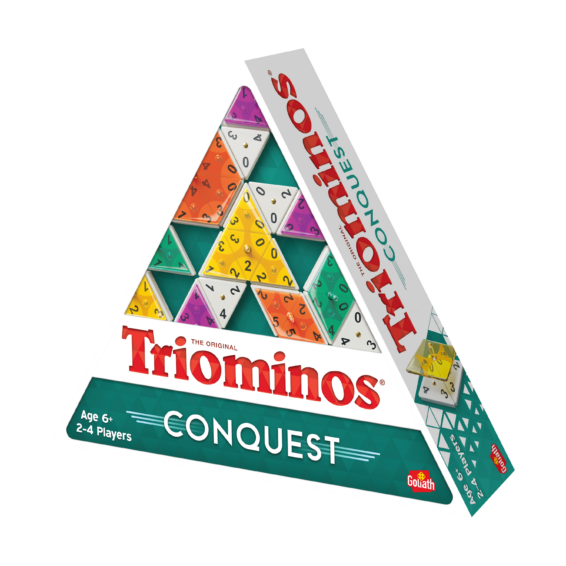 De doos van het strategiespel Triominos Conquest vanuit een rechterhoek