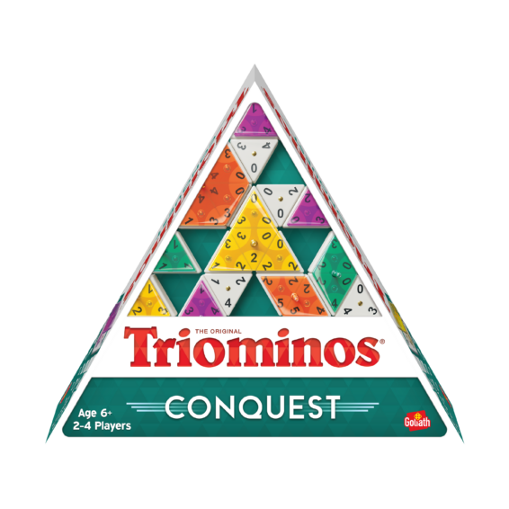 De voorkant van de doos van het strategiespel Triominos Conquest