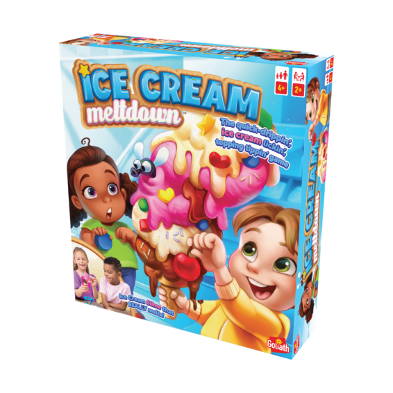 De doos van het kinderspel Ice Cream Meltdown vanuit een rechterhoek