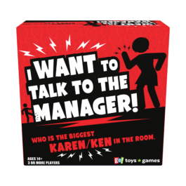 De voorkant van de doos van het grappige partyspel I Want To Talk To The Manager