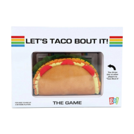 De voorkant van de doos van het partyspel Let's Taco Bout It