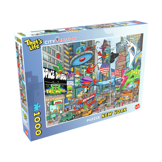 De doos van de That's Life City Edition New York puzzel vanuit een linkerhoek