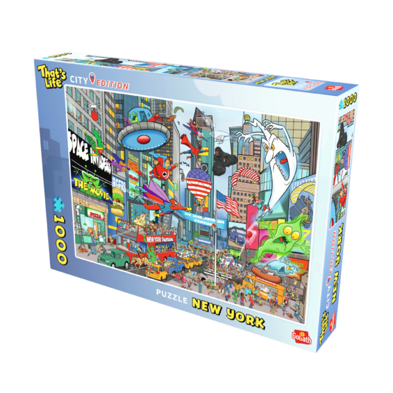 De doos van de That's Life City Edition New York puzzel vanuit een rechterhoek