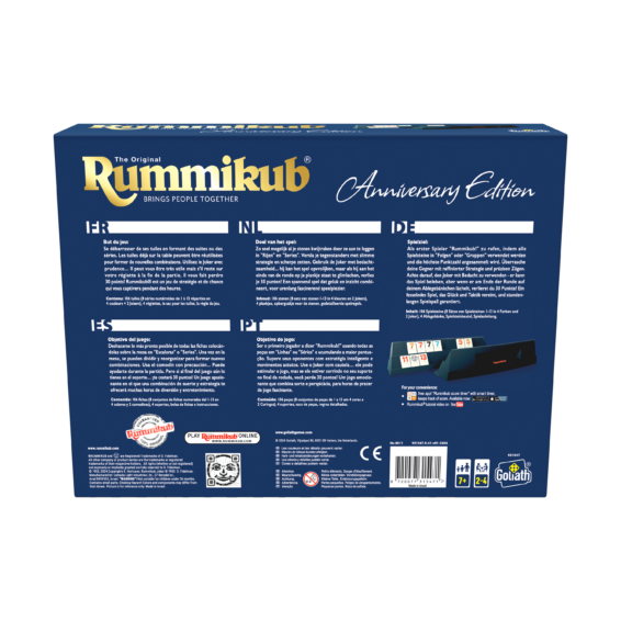 De achterkant van de doos van het strategische spel Rummikub Anniversary Edition