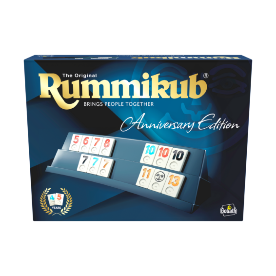 De voorkant van de doos van het strategische familiespel Rummikub Anniversary Edition