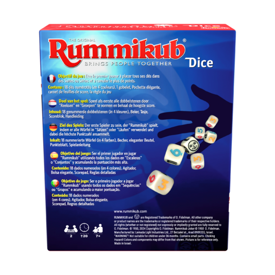 De achterkant van de doos van het strategische bordspel Rummikub Dice