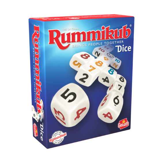 De doos van het spel Rummikub Dice vanuit een linkerhoek