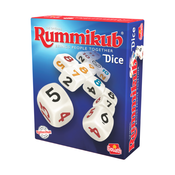 De doos van het strategische bordspel Rummikub Dice vanuit een rechterhoek