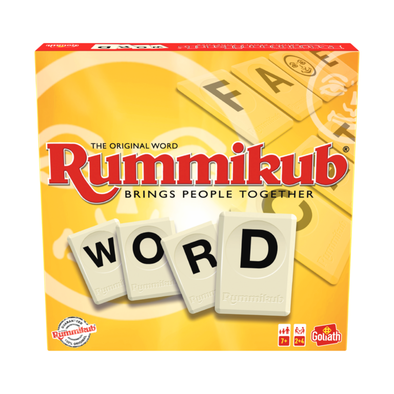 De voorkant van de doos van het familiespel Rummikub Word