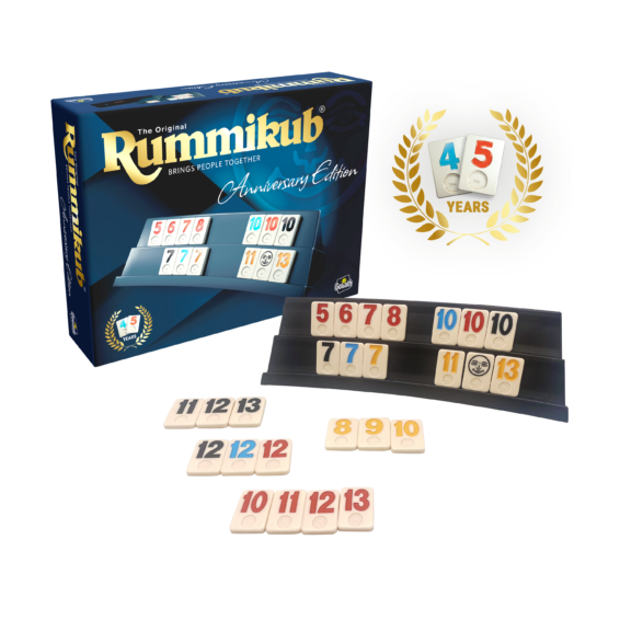 De doos en de inhoud van de jubileum editie van Rummikub Anniversary Edition