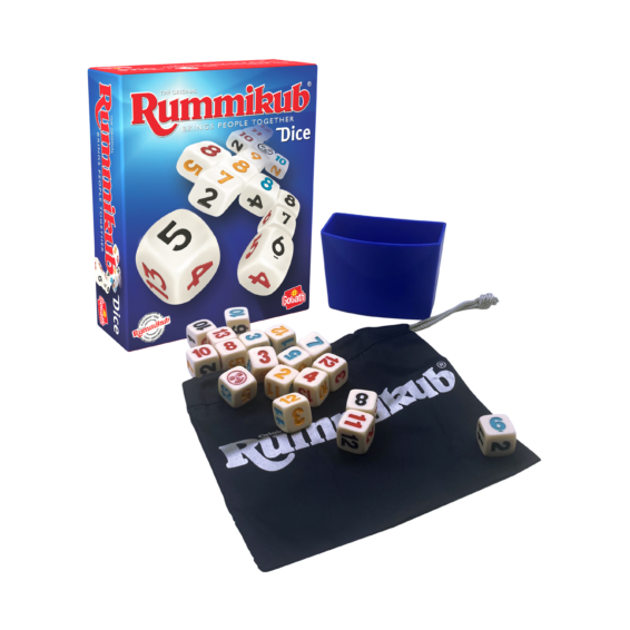 De doos en de inhoud van het strategische dobbelspel Rummikub Dice