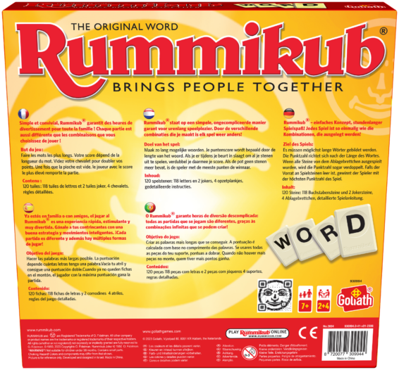 De achterkant van de doos van het familiespel Rummikub Word