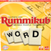 De voorkant van de doos van het familiespel Rummikub Word
