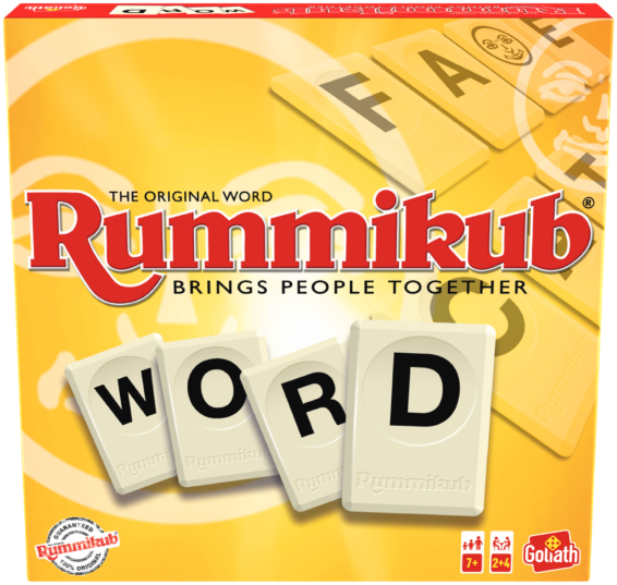 De voorkant van de doos van het familiespel Rummikub Word