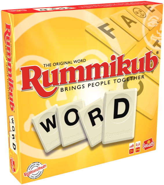 De doos van het bordspel Rummikub Word vanuit een linkerhoek