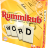 De doos van Rummikub Word vanuit een rechterhoek