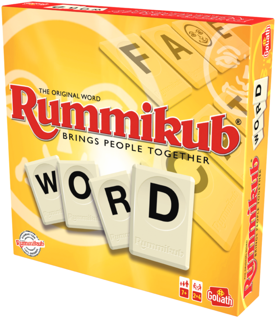 De doos van Rummikub Word vanuit een rechterhoek