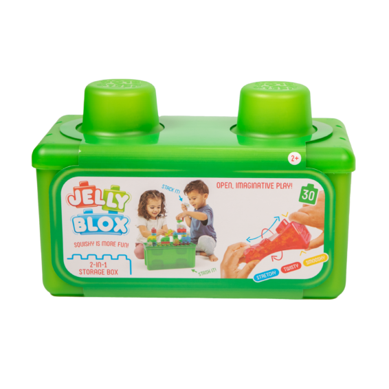 De voorkant van de doos van het constructiespeelgoed Jelly Blox Storage Case