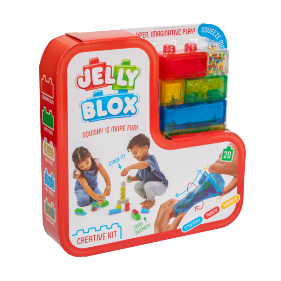 De doos van de zachte bouwblokken van de Jelly Blox Creative Kit vanuit een linkerhoek