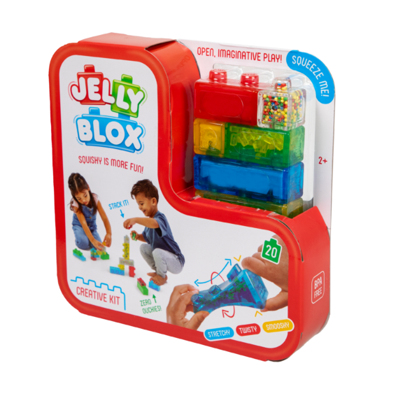 De doos van de bouwblokken van Jelly Blox Creative Kit vanuit een rechterhoek