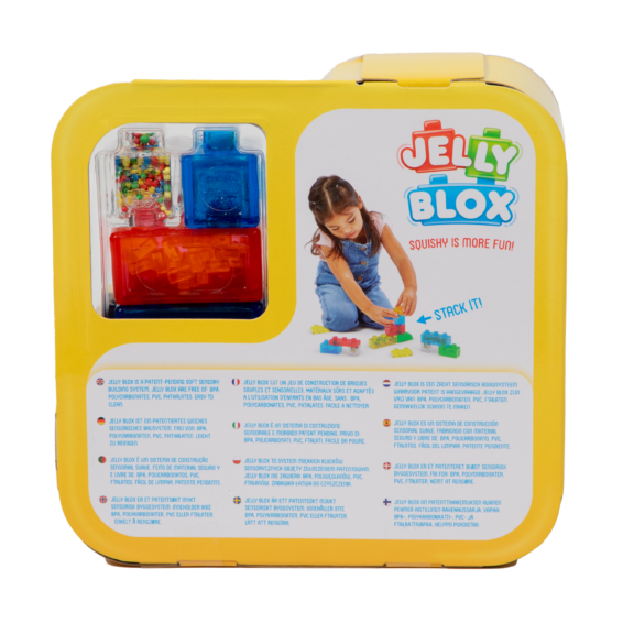 De achterkant van de doos van de Jelly Blox Newbie Kit