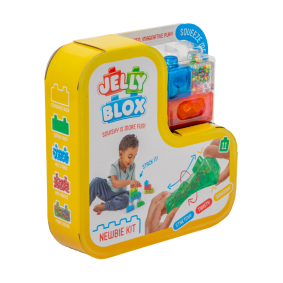 De doos van de Jelly Blox Newbie Kit vanuit een linkerhoek