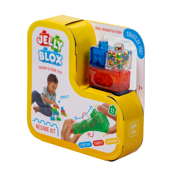 De doos van de zachte bouwblokken van Jelly Blox Newbie Kit vanuit een rechterhoek