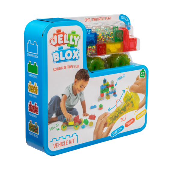 De doos van de Jelly Blox Truck Kit vanuit een linkerhoek