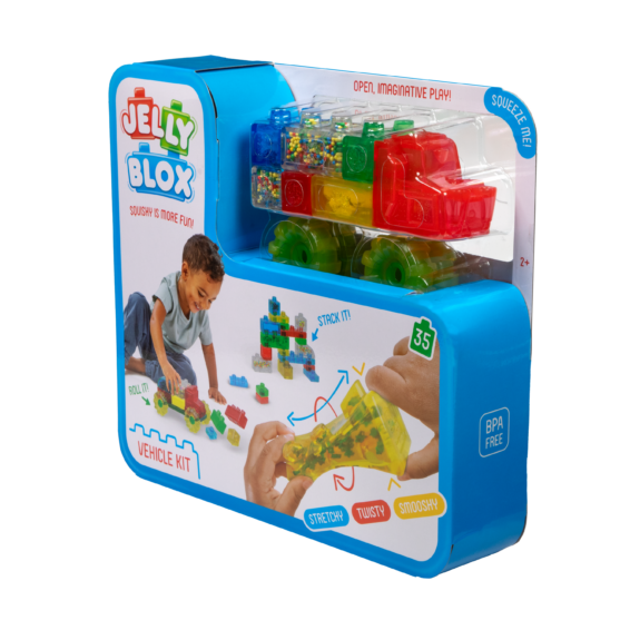 De doos van het constructiespeelgoed Jelly Blox Truck Kit vanuit een rechterhoek