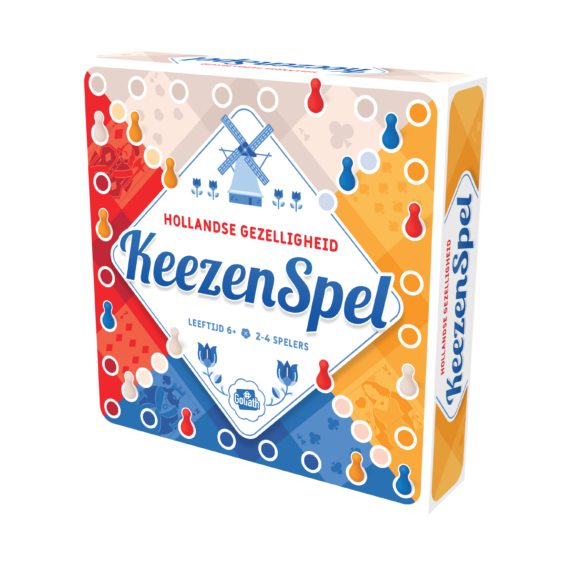 De doos van het bordspel Keezenspel vanuit een rechterhoek