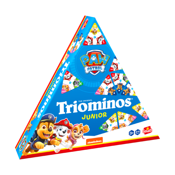 De doos van het spel Triominos Junior Paw Patrol vnauit een linkerhoek