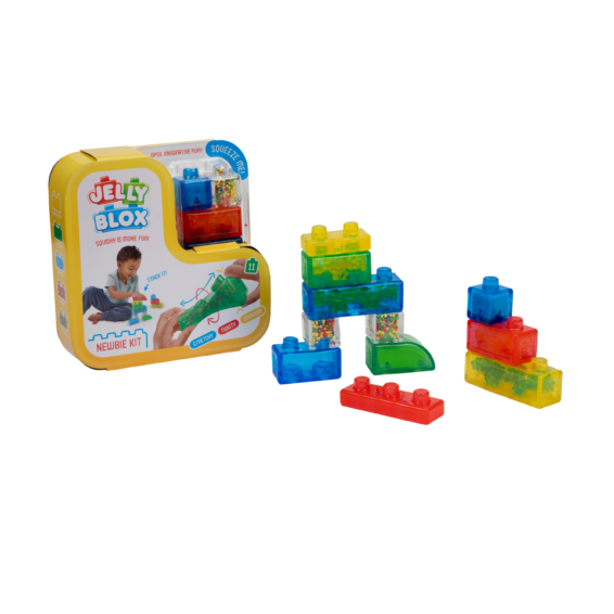 De doos en de zachte bouwblokken van de Jelly Blox Newbie Kit