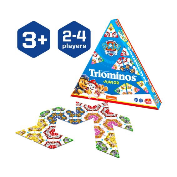 De doos en de inhoud van het spel Triominos Junior Paw Patrol