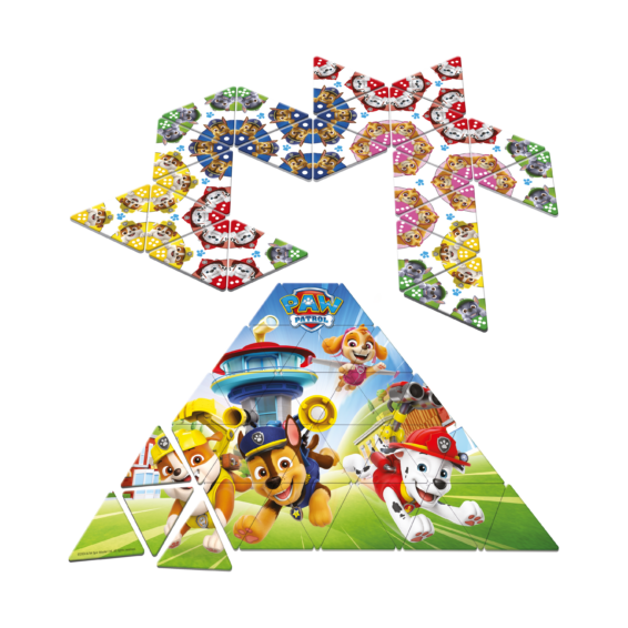 de inhoud van de doos van het strategische bordspel Triominos Junior Paw Patrol