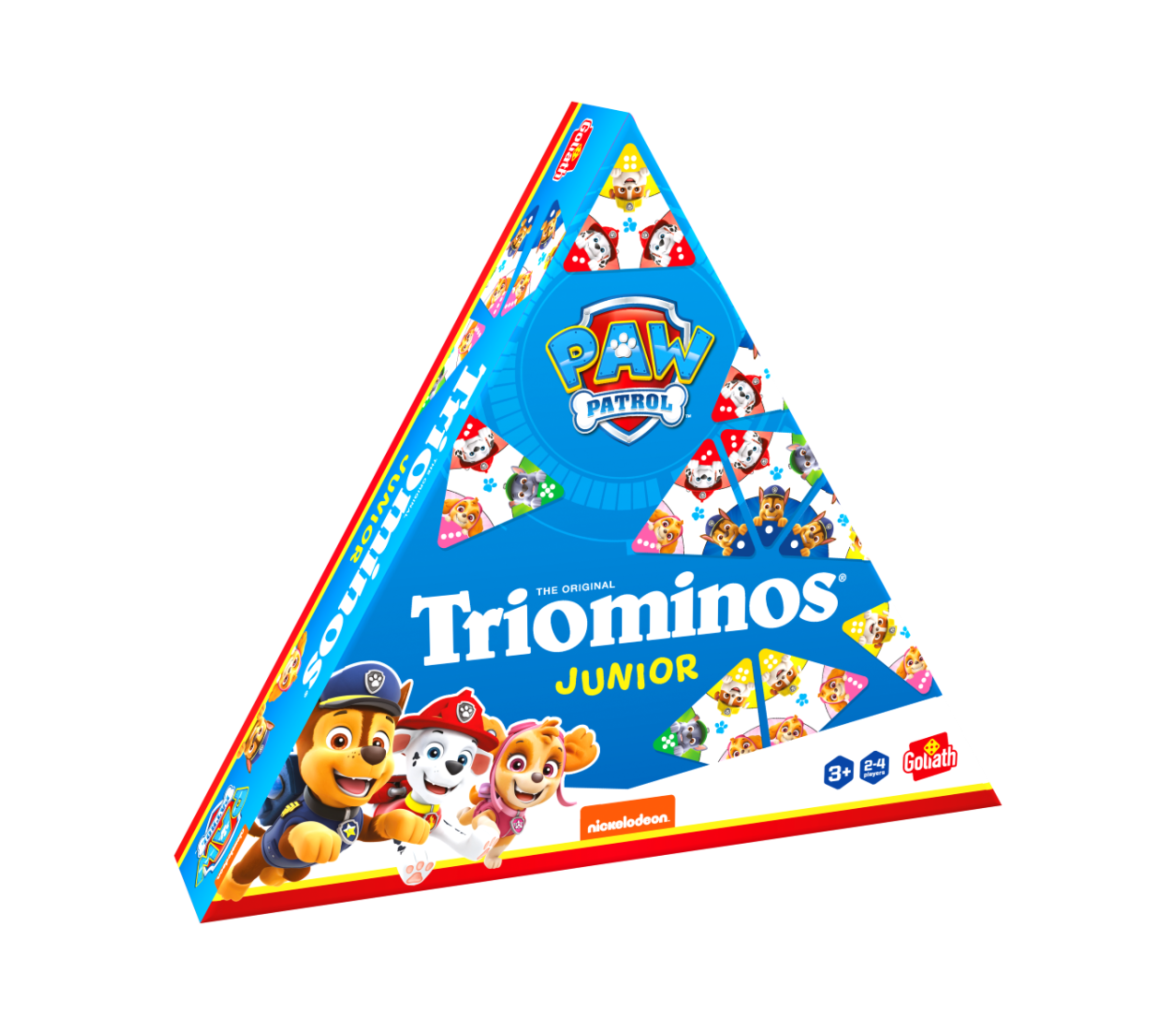 De doos van het spel Triominos Junior Paw Patrol vnauit een linkerhoek