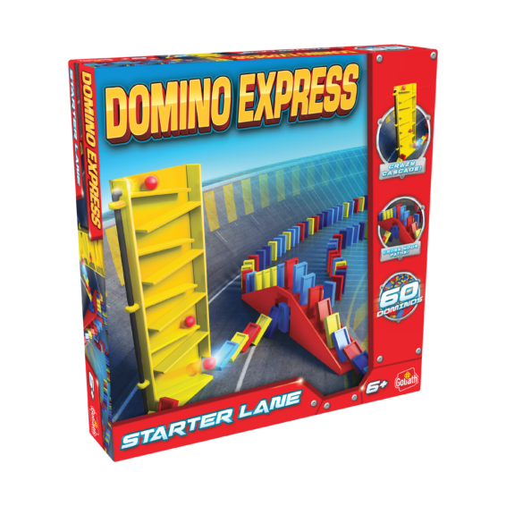 De doos van het speelgoed Domino Express Starter Lane Refresh vanuit een linkerhoek