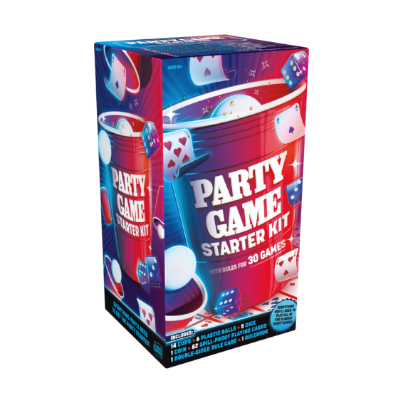 De doos van het partyspel Party Game Starter Kit vanuit een linkerhoek