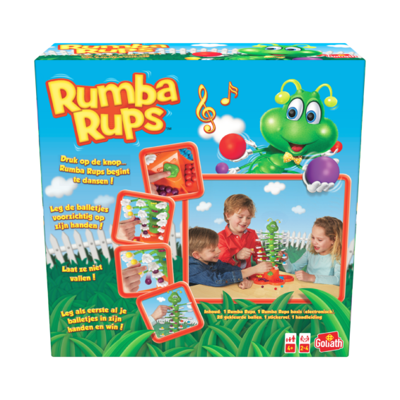 De achterkant van de doos van het kinderspel Rumba Rups