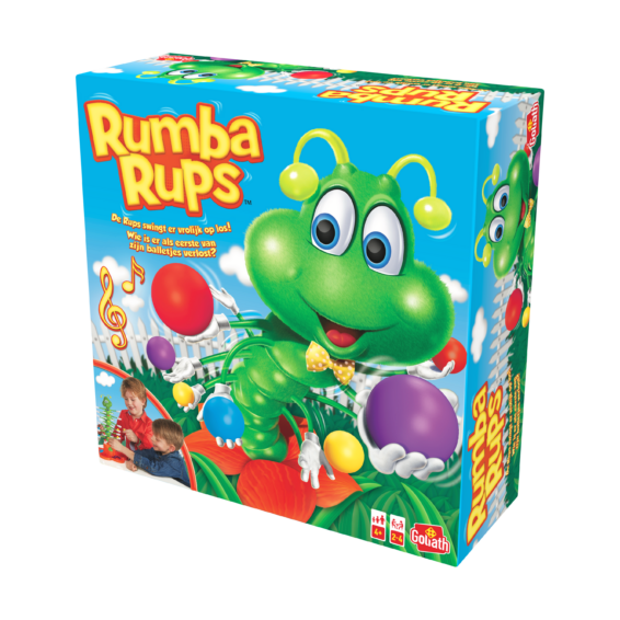 De doos van het kinderspel Rumba Rups vanuit een rechterhoek