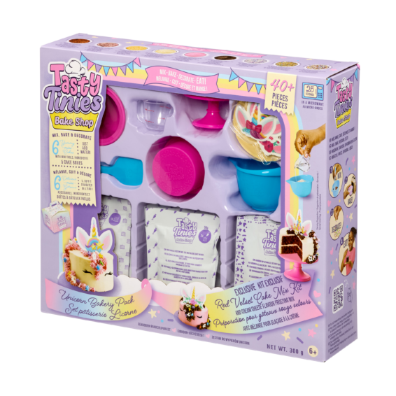 De doos van de bakmix Tasty Tinies Unicorn Party Pack vanuit een rechterhoek