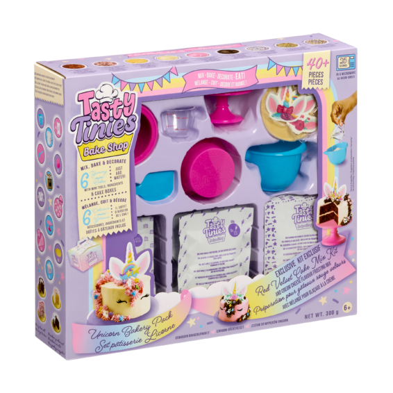 De doos van de Tasty Tinies Unicorn Party Pack vanuit een linkerhoek