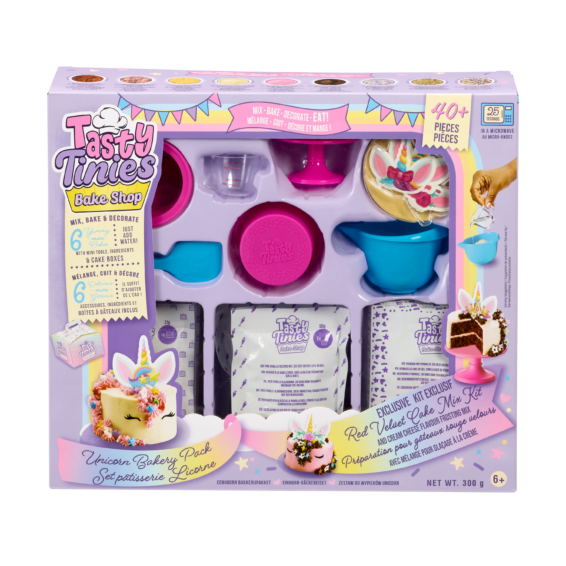 De voorkant van de doos van de bakmix Tasty Tinies Unicorn Party Pack