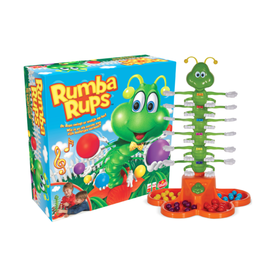 De doos en de inhoud van de doos van het kinderspel Rumba Rups